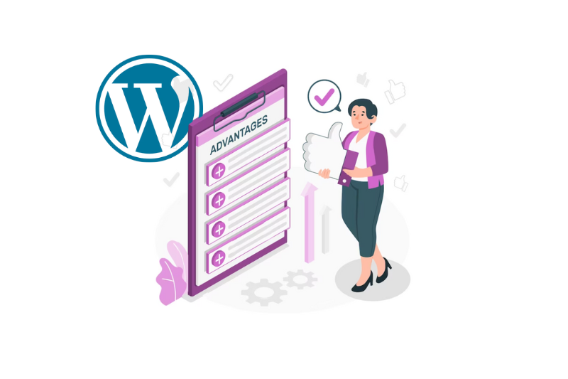 WordPress logo with a lady standing and reading the Advantages of WordPress' written on a clipboard