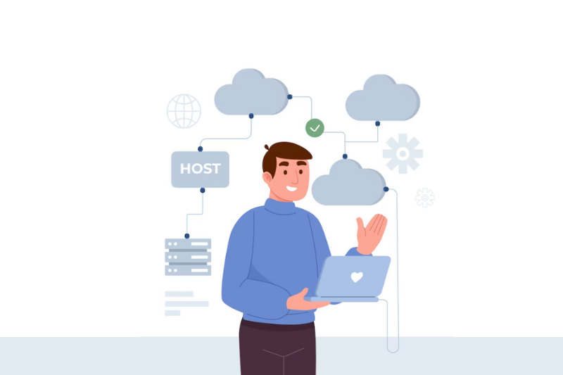 A guy holding a laptop with several cloud icons surrounding him, along with hosting provider icons.