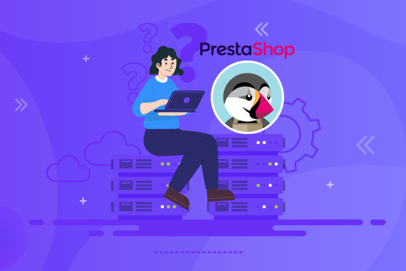 A girl sitting holding a laptop trying to install Prestashop and the logo and text “PrestaShop” displayed on top
