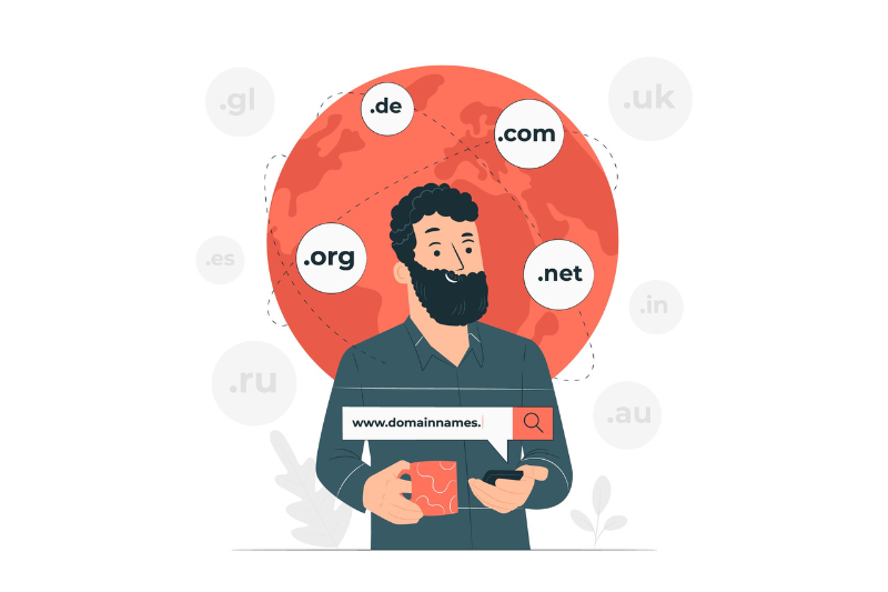 A man holding a coffee mug and a mobile phone trying to choose a domain name