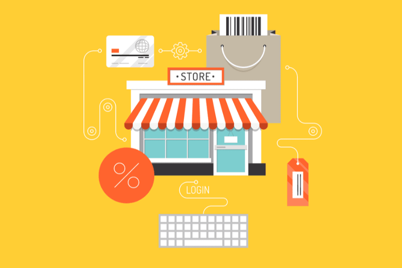 Store with ecommerce-related icons such as price tags, barcode, and credit card