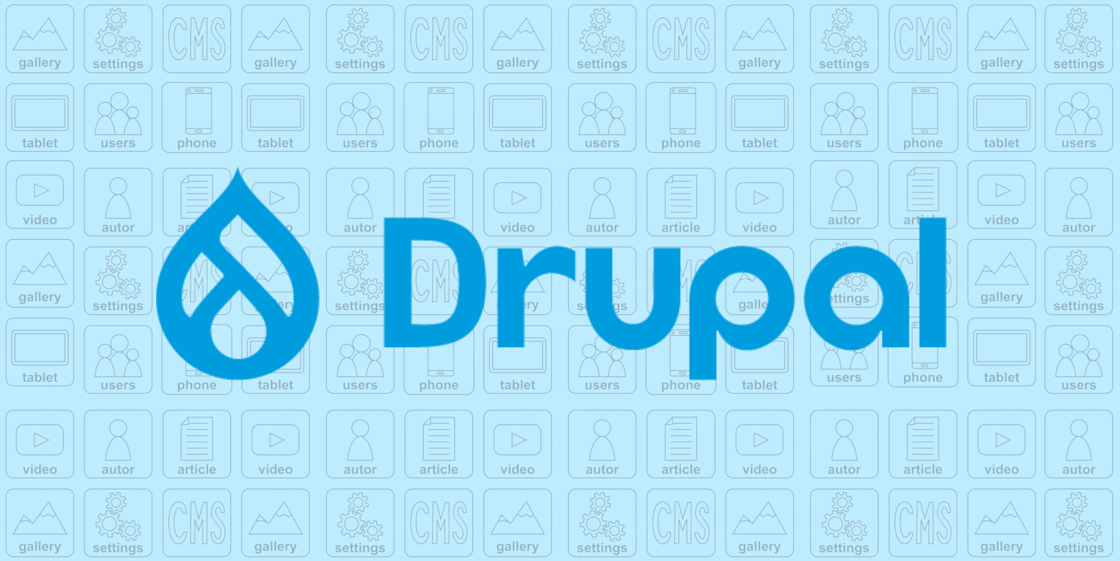 An image displaying the Drupal logo and text, accompanied by small icons in the background