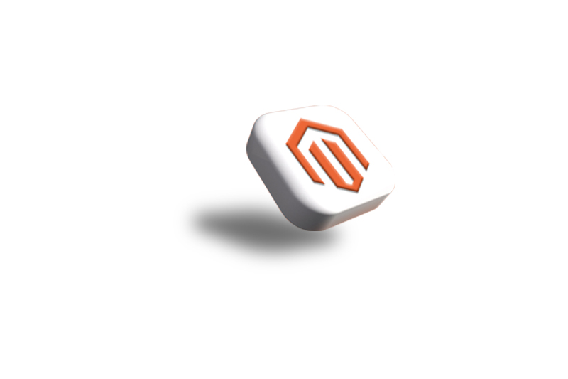 A 3D logo of Magento e-commerce on a plain white background.
