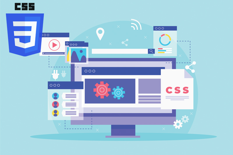 An image displaying a desktop screen with different elements of CSS around it with CSS logo at the corner