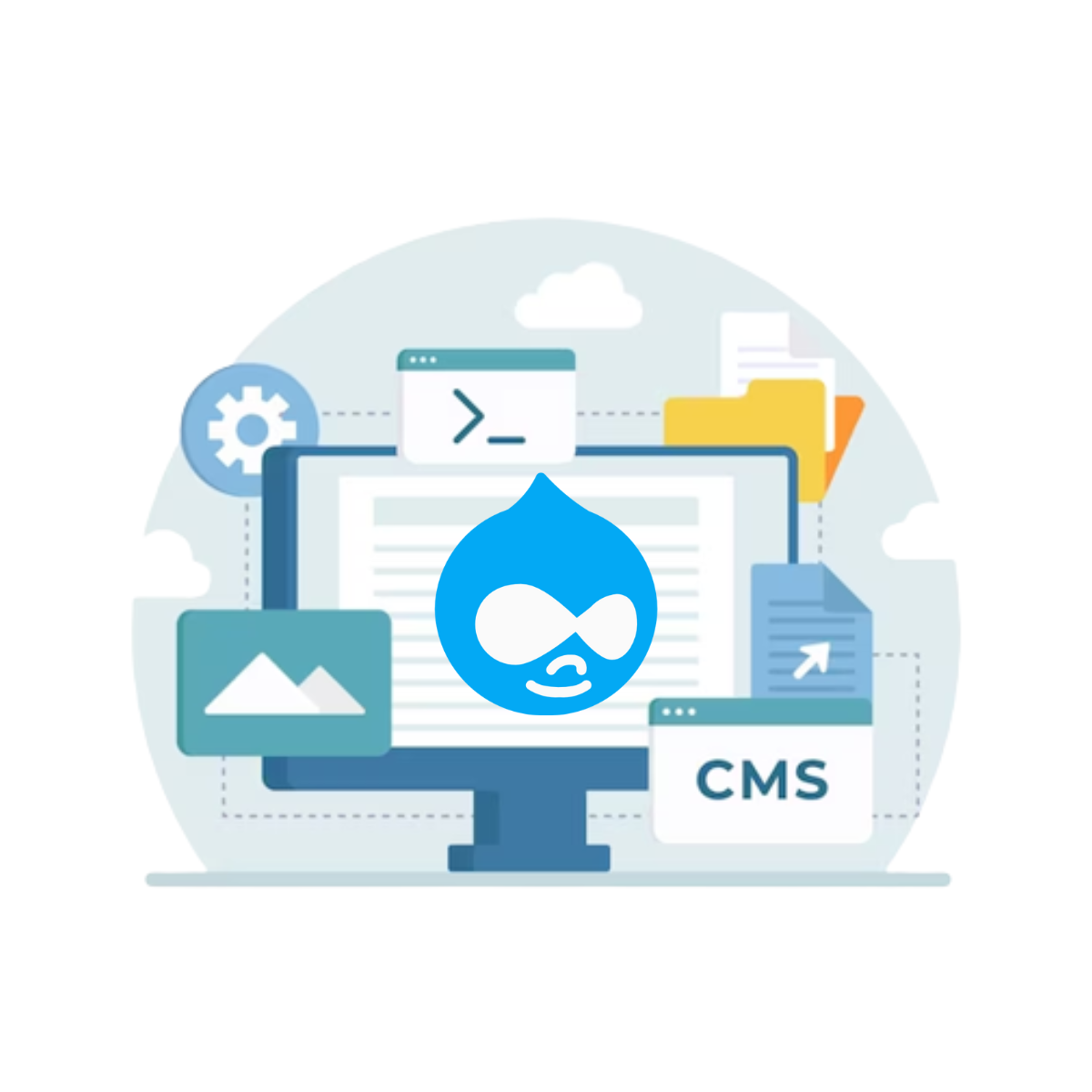 An image displaying a desktop screen with various elements of a content management system (CMS) surrounding it.