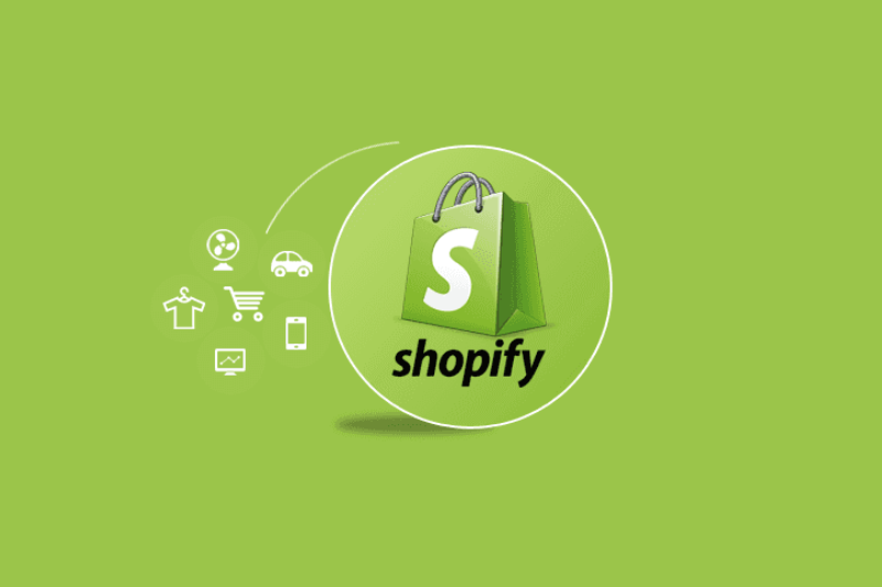 An image displaying the text 'Shopify' accompanied by various icons representing different features of the Shopify e-commerce platform