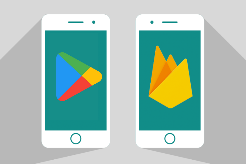 Two mobile screens displaying the logos of Google Play Services and Firebase