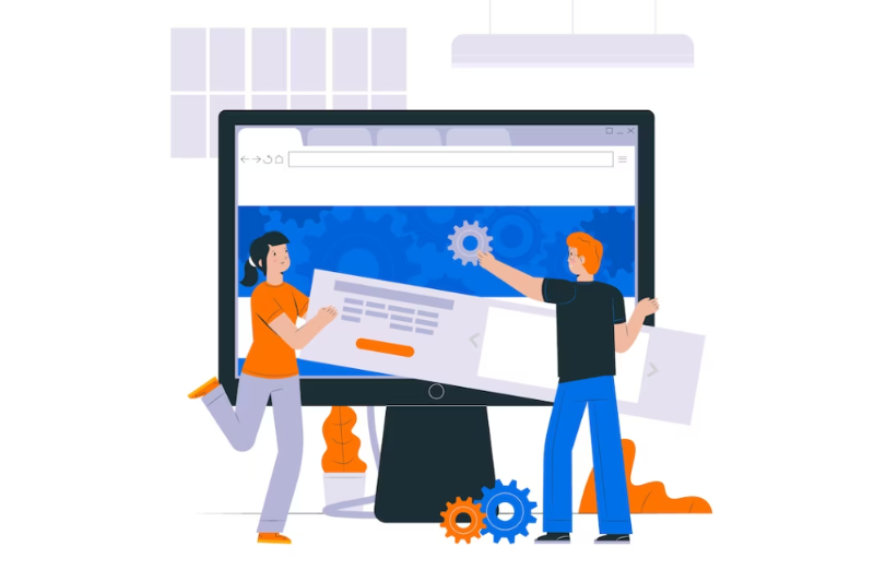 A boy and a girl standing in front of a monitor screen, attempting to install the WooCommerce plugin. There are gear icons positioned around them.