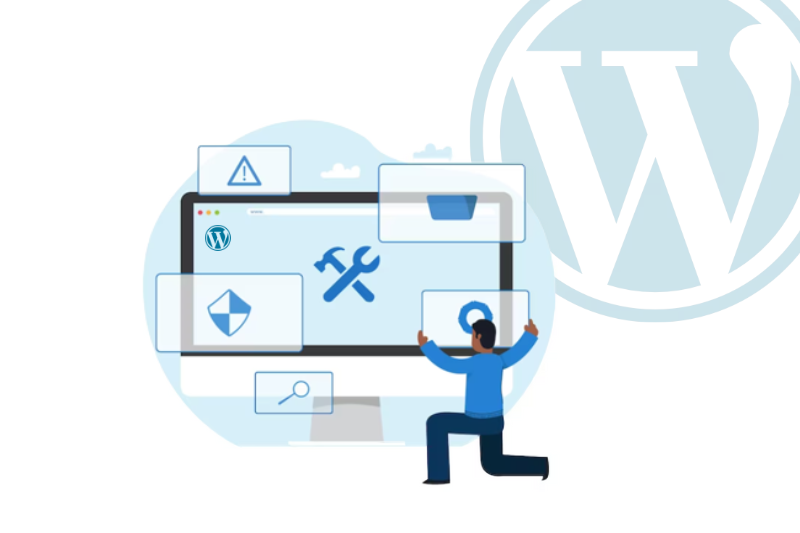 A guy trying to installing wordpress with a monitor with settings icon and a big WordPress Logo
