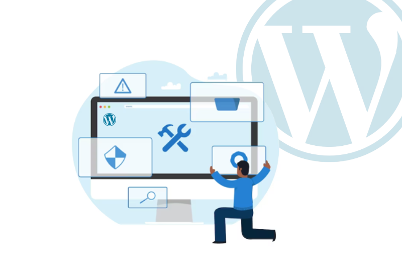 A guy trying to installing wordpress with a monitor with settings icon and a big WordPress Logo
