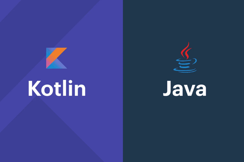 Logos of the Kotlin and Java programming languages, with the texts 'Kotlin' and 'Java'