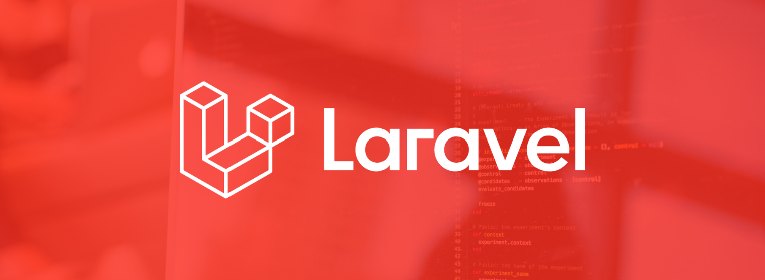 The Laravel text and logo displayed on a transparent background image of a laptop screen with coding elements