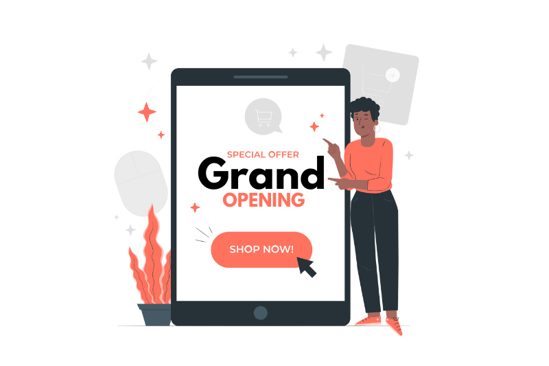 A lady standing next to an iPad displaying the text 'Grand Opening' and a 'Shop Now' button