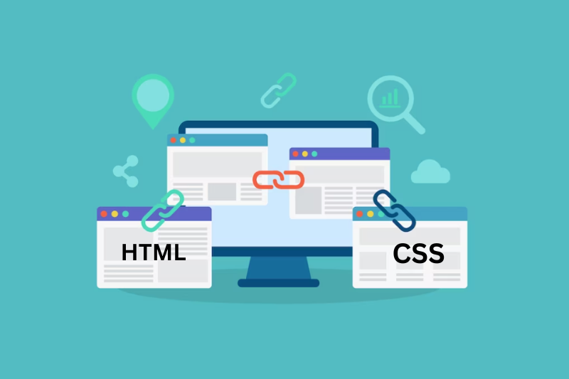 An image showing a monitor screen with two windows on either sides showing HTML and CSS 