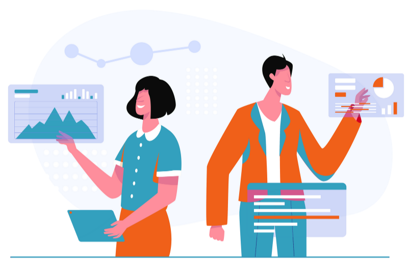 A girl and a boy touching floating screens displaying bar graphs, pie charts, and histograms