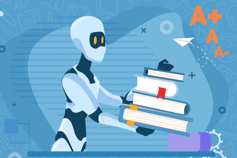 A robot holding a stack of books