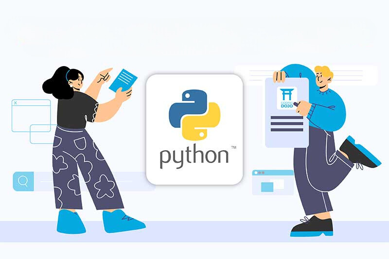 A guy and a girl holding paperwork with the Python logo at the center and the text “Python”