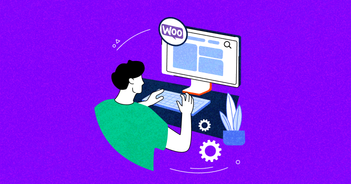 A guy sitting in front of a Mac computer with the WooCommerce logo displayed on the screen, accompanied by gear icons