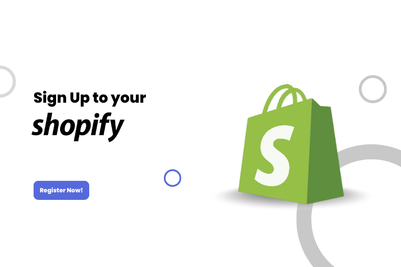 An image displaying the Shopify logo and text saying 'Sign up for Shopify' along with a 'Register now' button