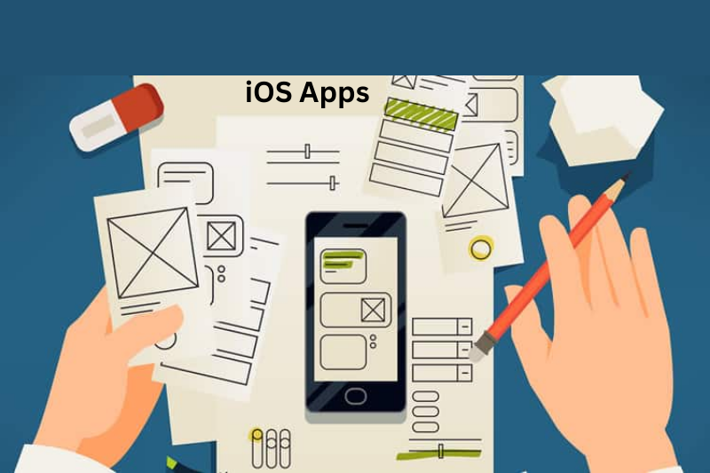 A hand holding a pencil and drawing the layout design of iOS apps on papers, with an iPhone positioned at the center