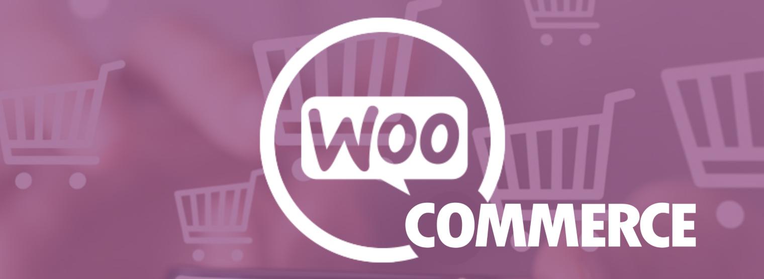 A WooCommerce logo overlaid on a background image featuring numerous shopping cart icons